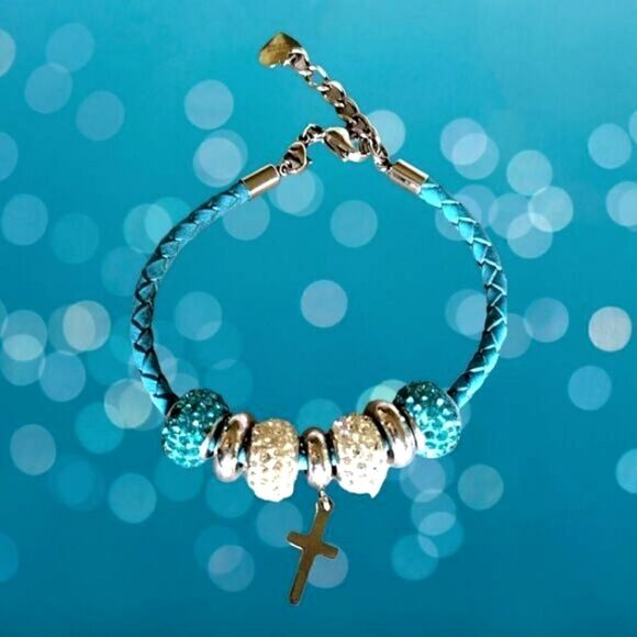 BRACELET Braided LEATHER with Quality BEADS covered in ZIRCON type RHINESTONES - Picture 3 of 7